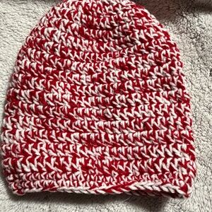 Red and White Knit ponytail Beanie